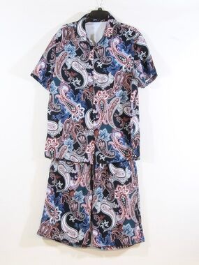 SHEIN Black Men's Paisley Short Sleeve Shirt Shorts Set with Blue & Red Accents